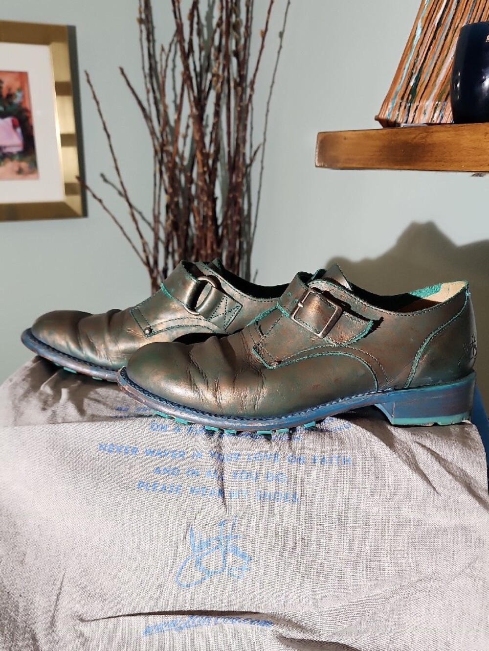 John FLuevog Metallic Green-Bronze Single Monk Strap Oxfords SIZE 7 - Picture 3 of 15
